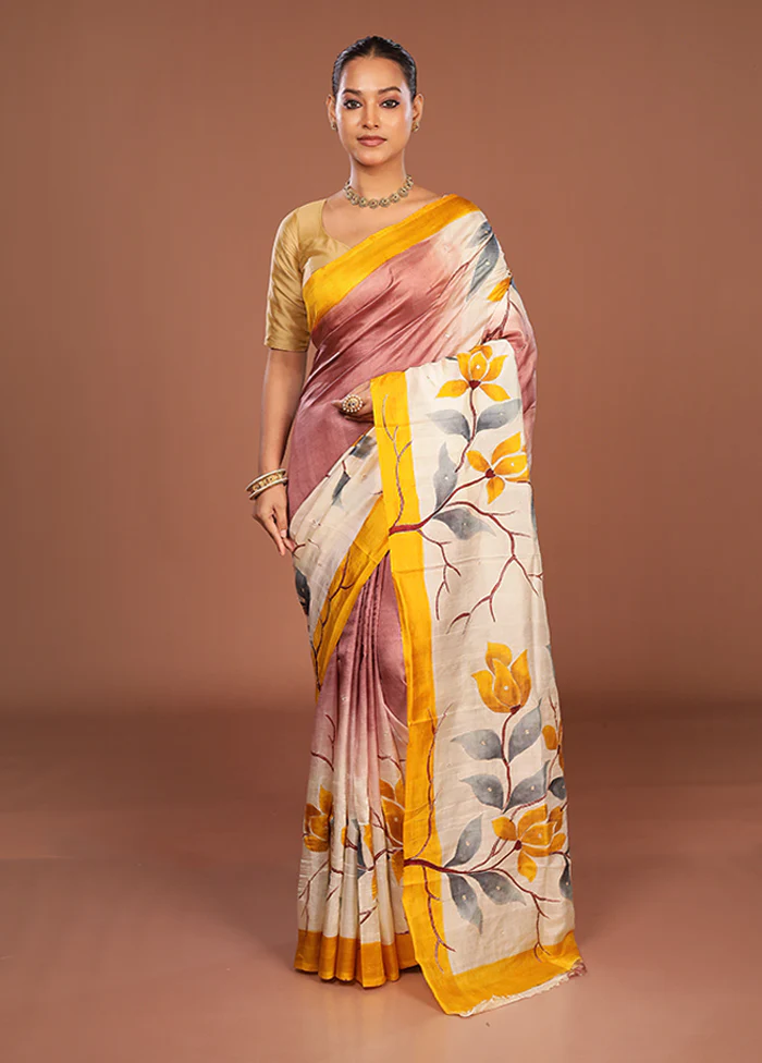 Cream Handloom Tussar Pure Silk Saree With Blouse Piece - Image 2