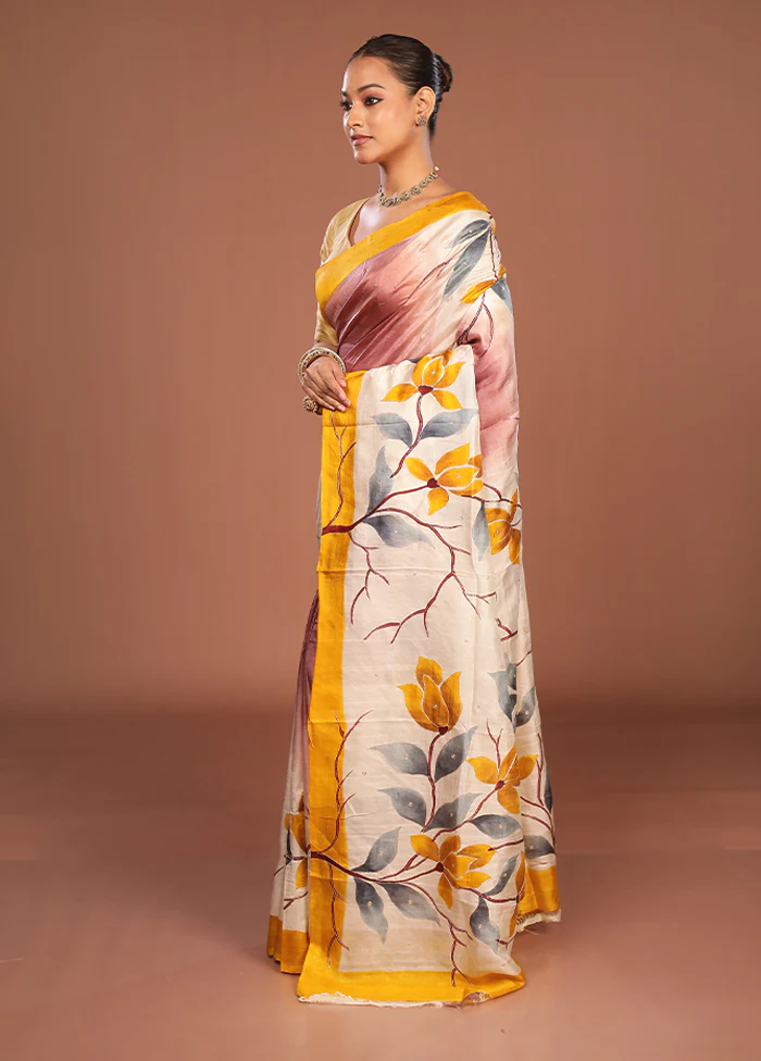 Cream Handloom Tussar Pure Silk Saree With Blouse Piece - Image 4