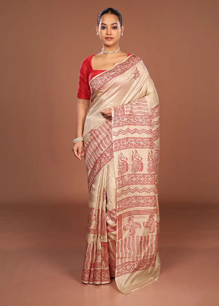 Cream Handloom Tussar Pure Silk Saree With Blouse Piece - Image 2