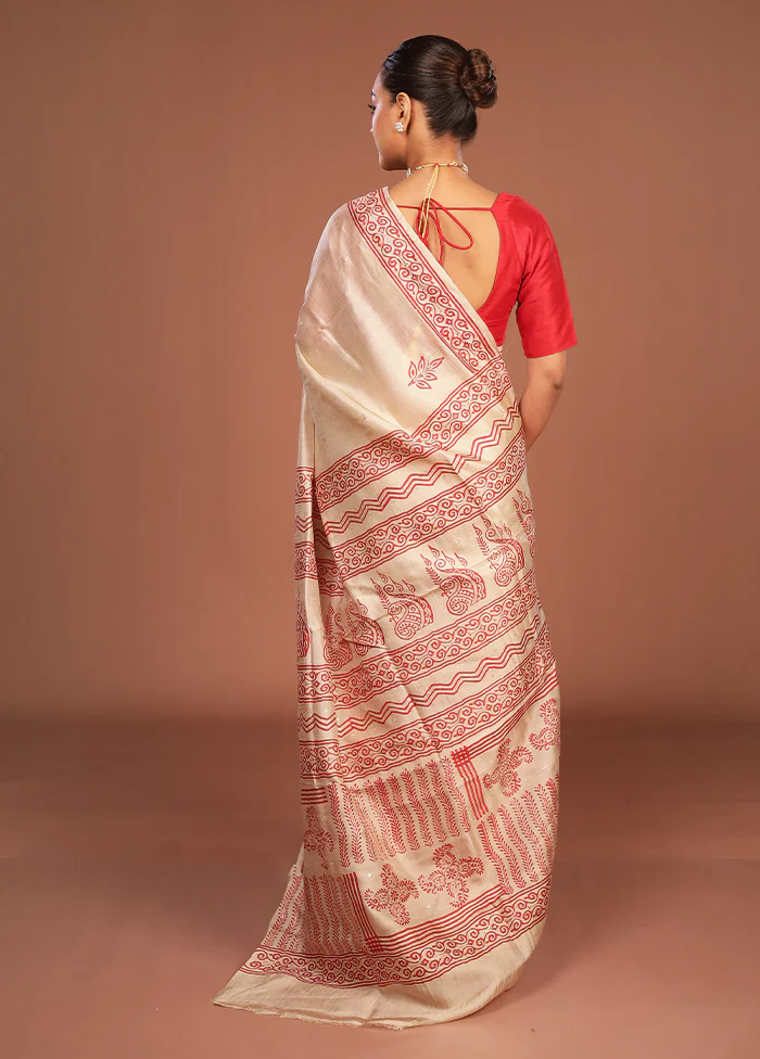 Cream Handloom Tussar Pure Silk Saree With Blouse Piece - Image 3