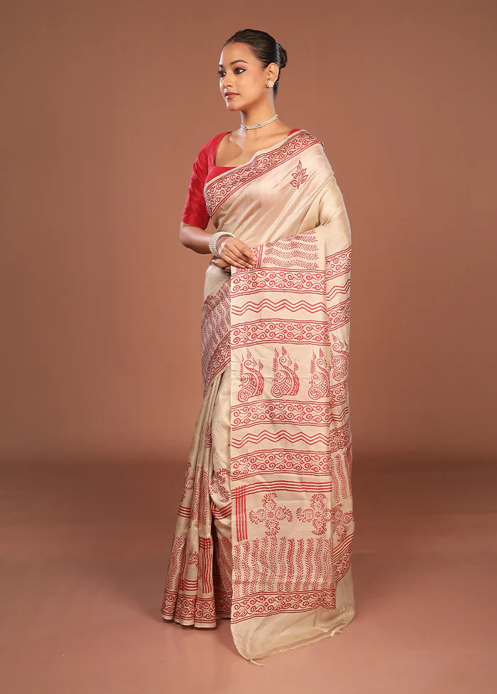 Cream Handloom Tussar Pure Silk Saree With Blouse Piece - Image 4