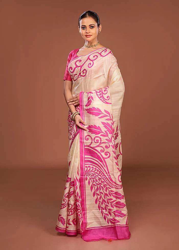 Cream Handloom Tussar Pure Silk Saree With Blouse Piece - Image 4