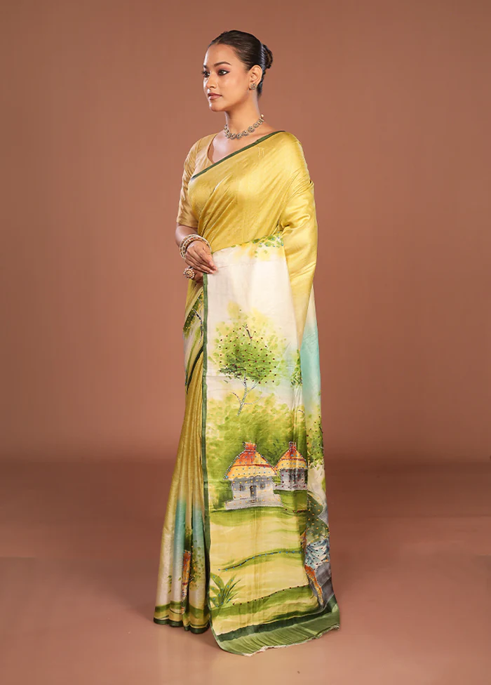 Cream Handloom Tussar Pure Silk Saree With Blouse Piece - Image 4