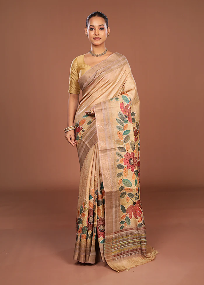 Cream Handloom Tussar Pure Silk Saree With Blouse Piece - Image 2