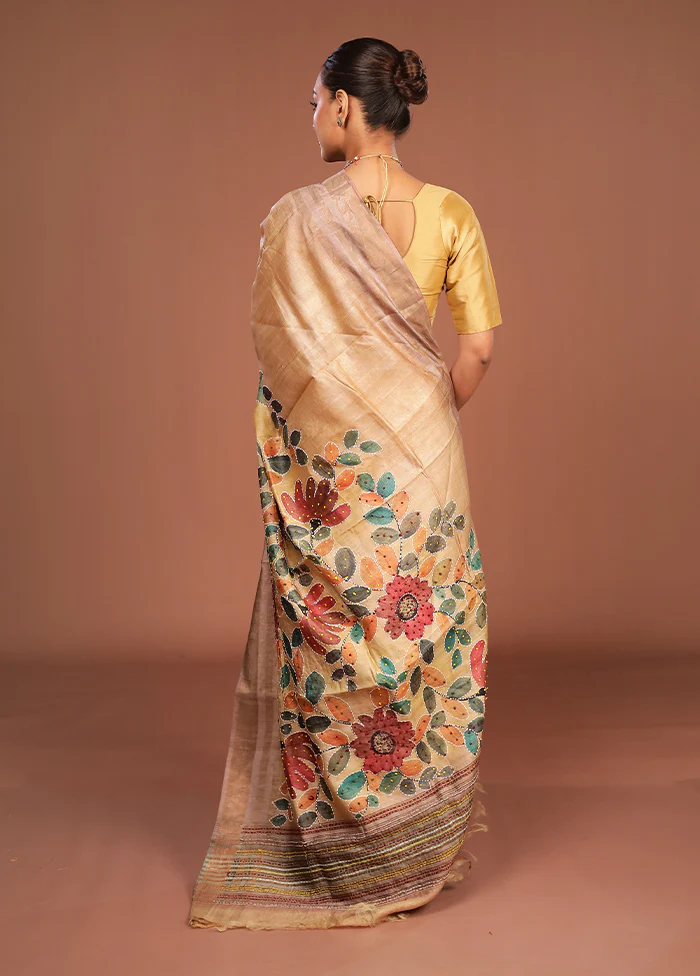 Cream Handloom Tussar Pure Silk Saree With Blouse Piece - Image 3