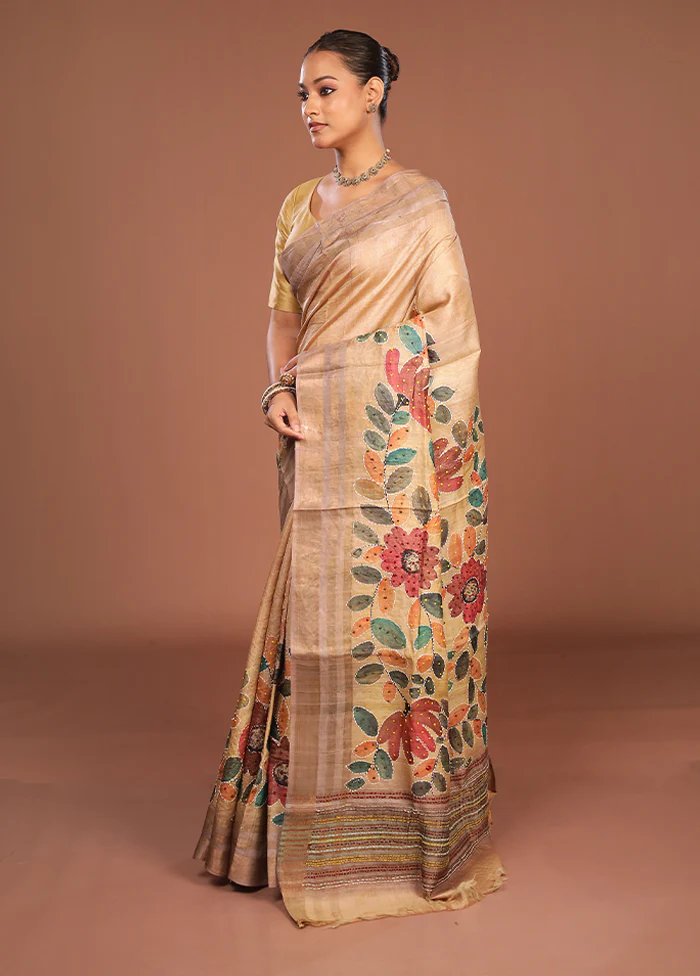Cream Handloom Tussar Pure Silk Saree With Blouse Piece - Image 4
