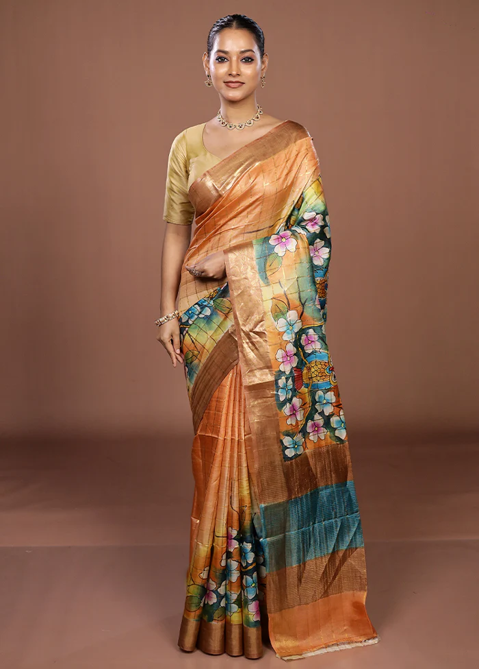 Cream Handloom Tussar Pure Silk Saree With Blouse Piece - Image 2