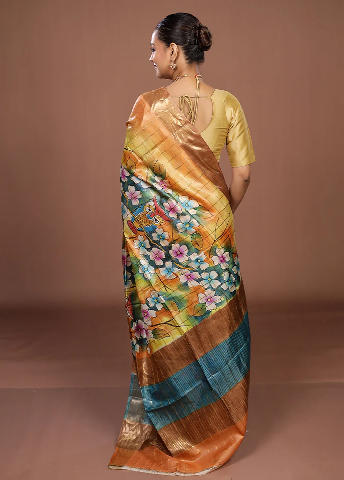 Cream Handloom Tussar Pure Silk Saree With Blouse Piece - Image 3