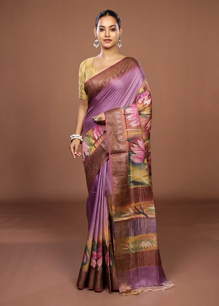 Purple Handloom Tussar Pure Silk Saree With Blouse Piece - Image 2