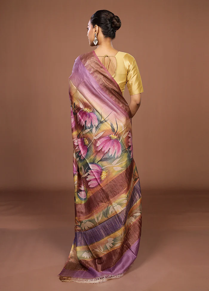 Purple Handloom Tussar Pure Silk Saree With Blouse Piece - Image 3