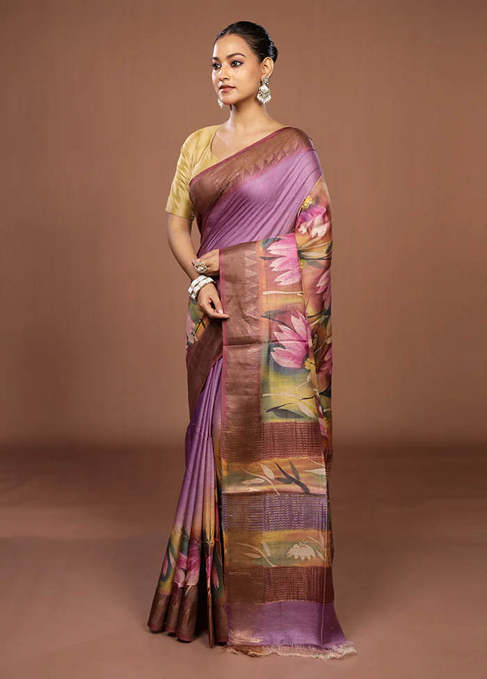 Purple Handloom Tussar Pure Silk Saree With Blouse Piece - Image 4