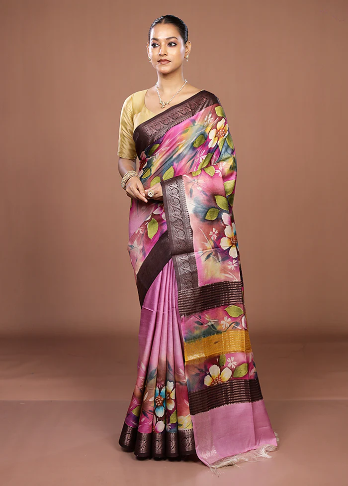 Pink Handloom Tussar Pure Silk Saree With Blouse Piece - Image 2