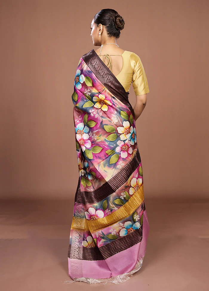Pink Handloom Tussar Pure Silk Saree With Blouse Piece - Image 3