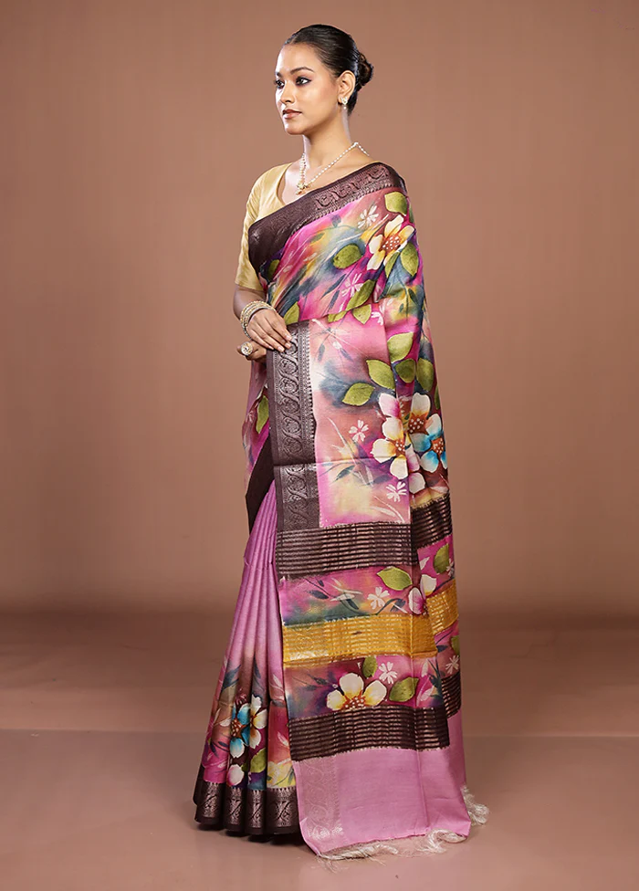 Pink Handloom Tussar Pure Silk Saree With Blouse Piece - Image 4