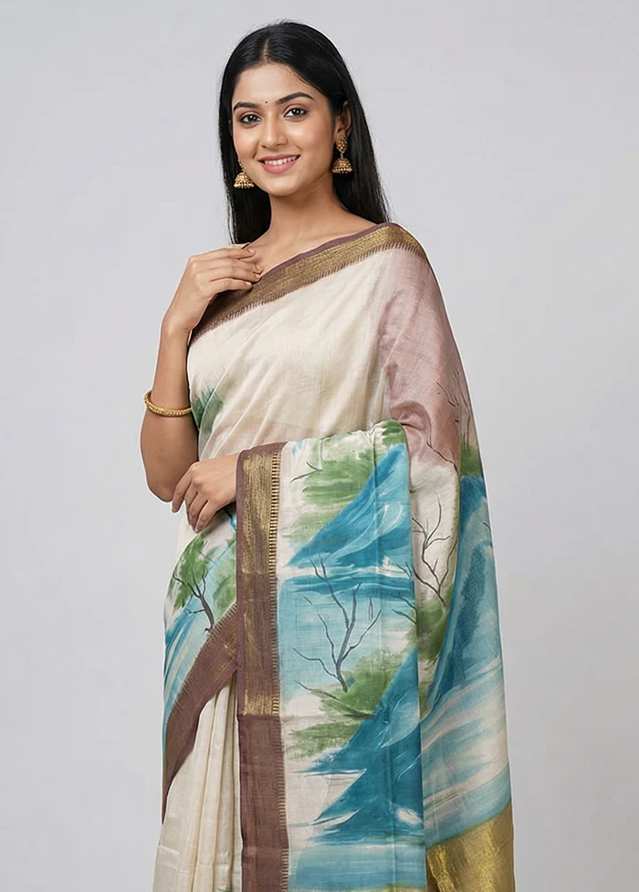 Cream Handloom Tussar Pure Silk Saree With Blouse Piece - Image 2