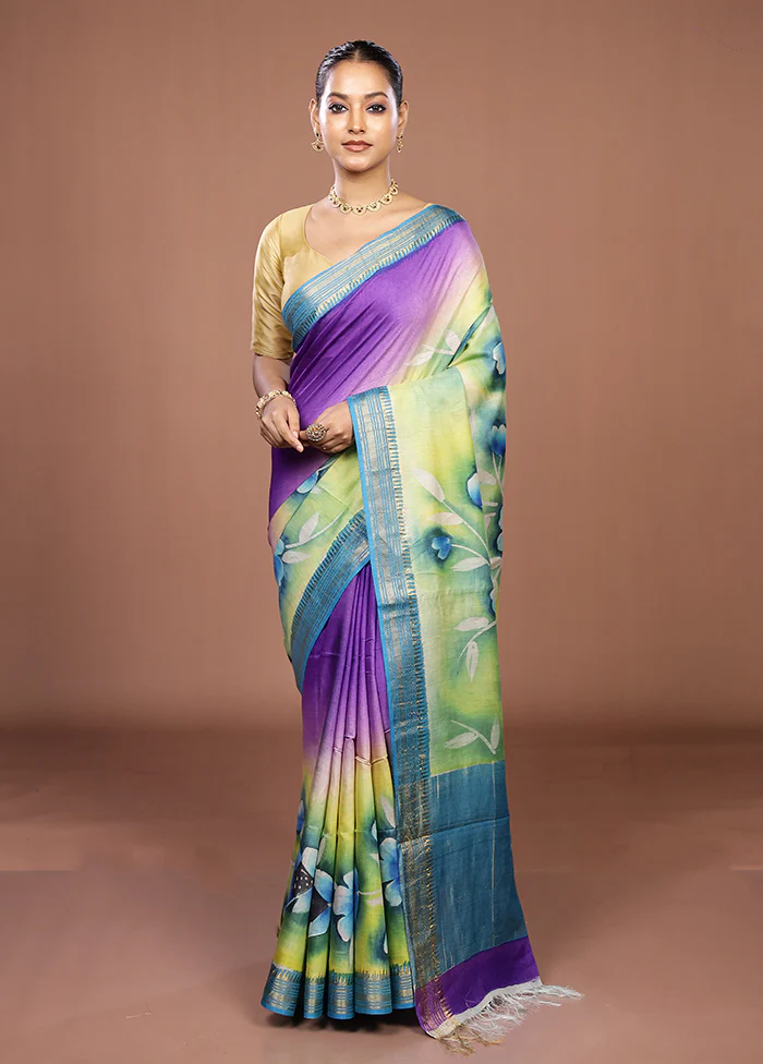 Purple Handloom Tussar Pure Silk Saree With Blouse Piece - Image 2
