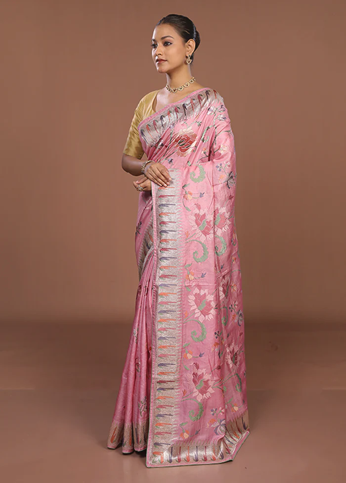 Cream Handloom Tussar Pure Silk Saree With Blouse Piece - Image 4