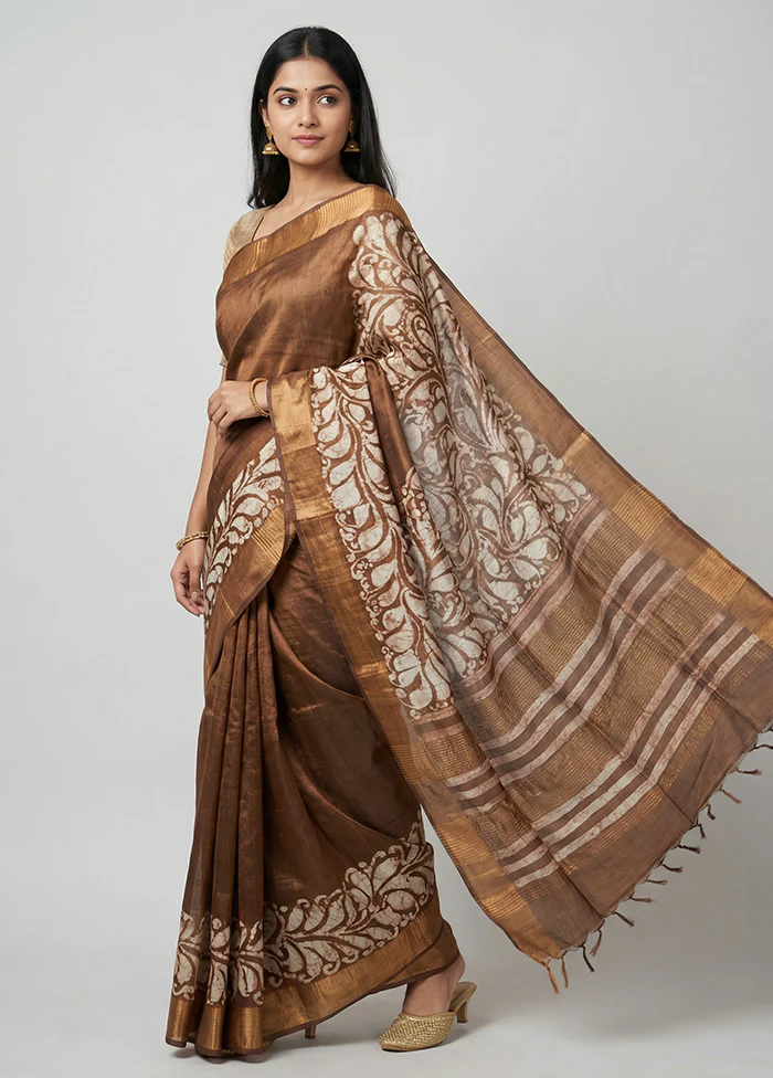 Cream Handloom Tussar Pure Silk Saree With Blouse Piece