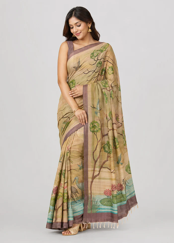 Cream Handloom Tussar Pure Silk Saree With Blouse Piece