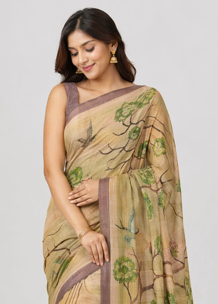 Cream Handloom Tussar Pure Silk Saree With Blouse Piece - Image 2