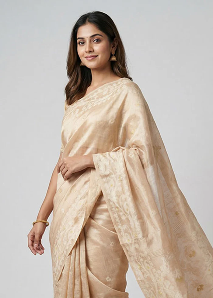 Cream Handloom Tussar Pure Silk Saree With Blouse Piece - Image 2