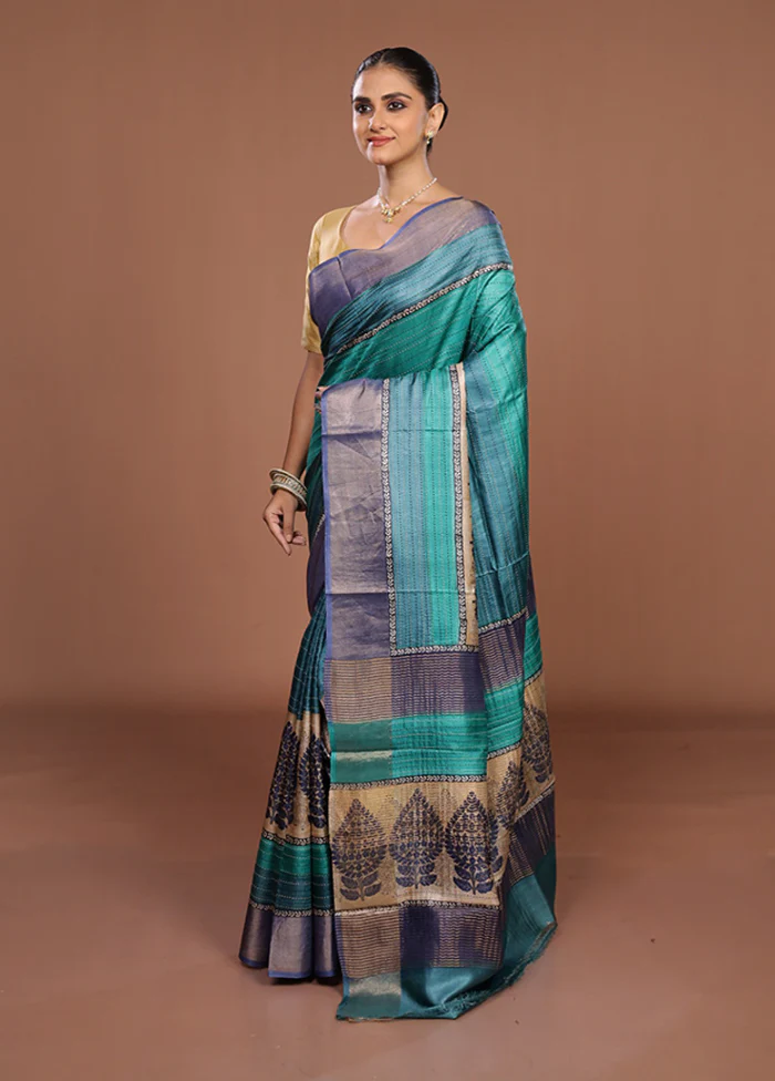 Cream Handloom Tussar Pure Silk Saree With Blouse Piece - Image 4