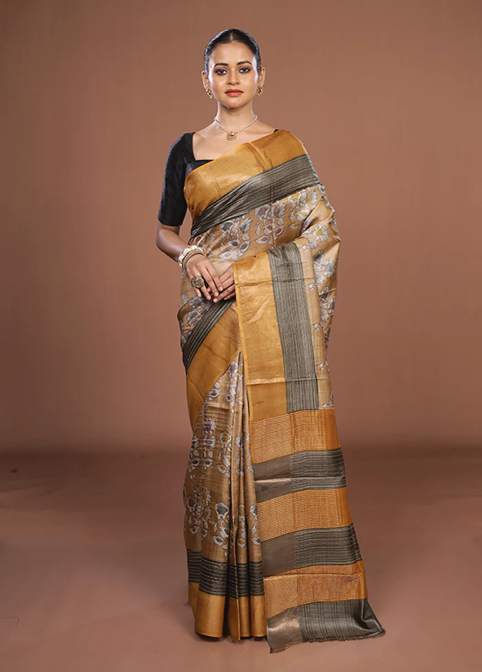 Cream Handloom Tussar Pure Silk Saree With Blouse Piece - Image 2