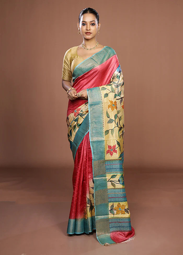 Cream Handloom Tussar Pure Silk Saree With Blouse Piece - Image 2