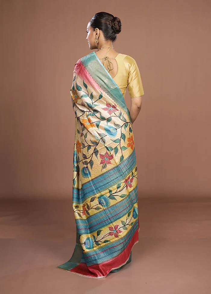Cream Handloom Tussar Pure Silk Saree With Blouse Piece - Image 3