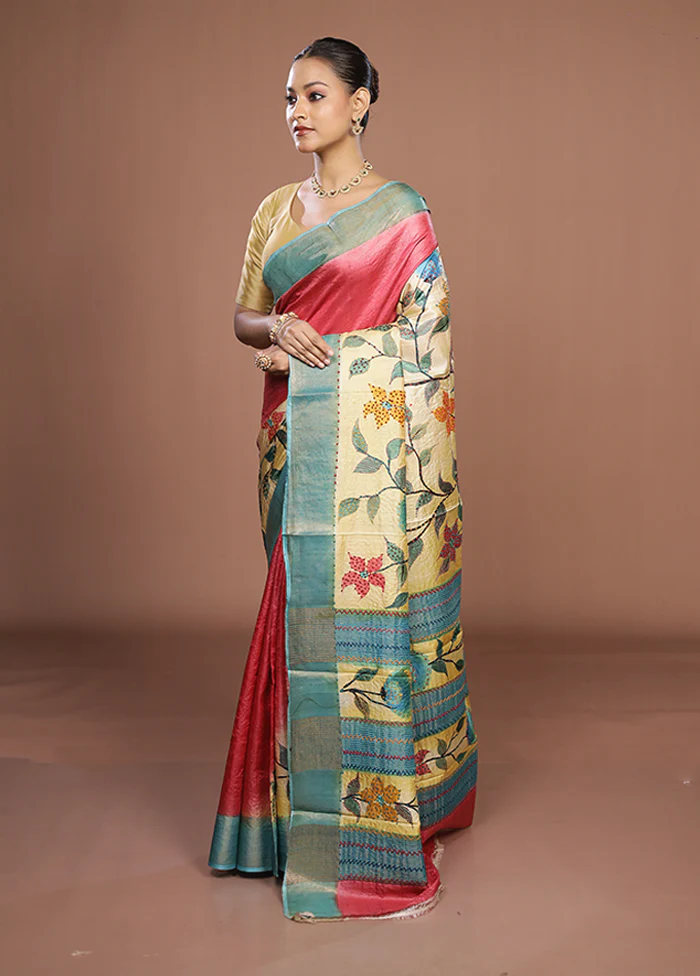 Cream Handloom Tussar Pure Silk Saree With Blouse Piece - Image 4
