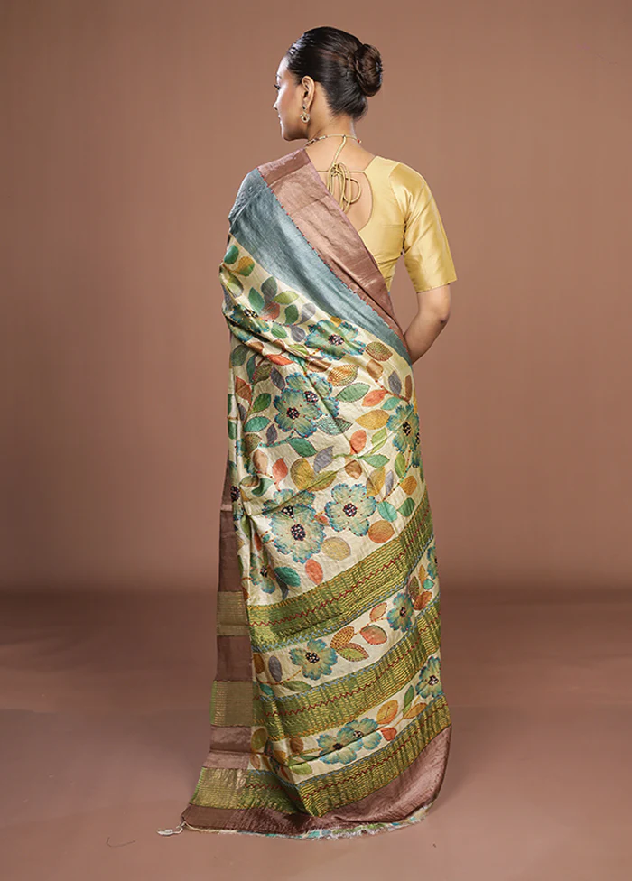 Cream Handloom Tussar Pure Silk Saree With Blouse Piece - Image 3