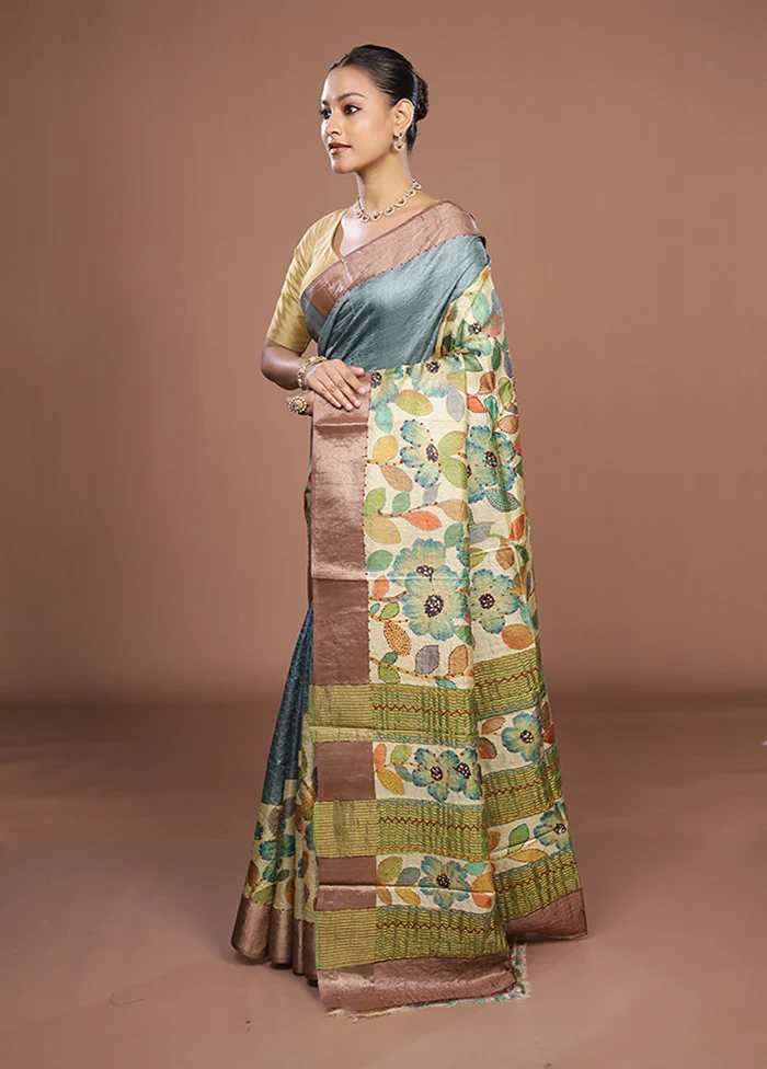 Cream Handloom Tussar Pure Silk Saree With Blouse Piece - Image 4