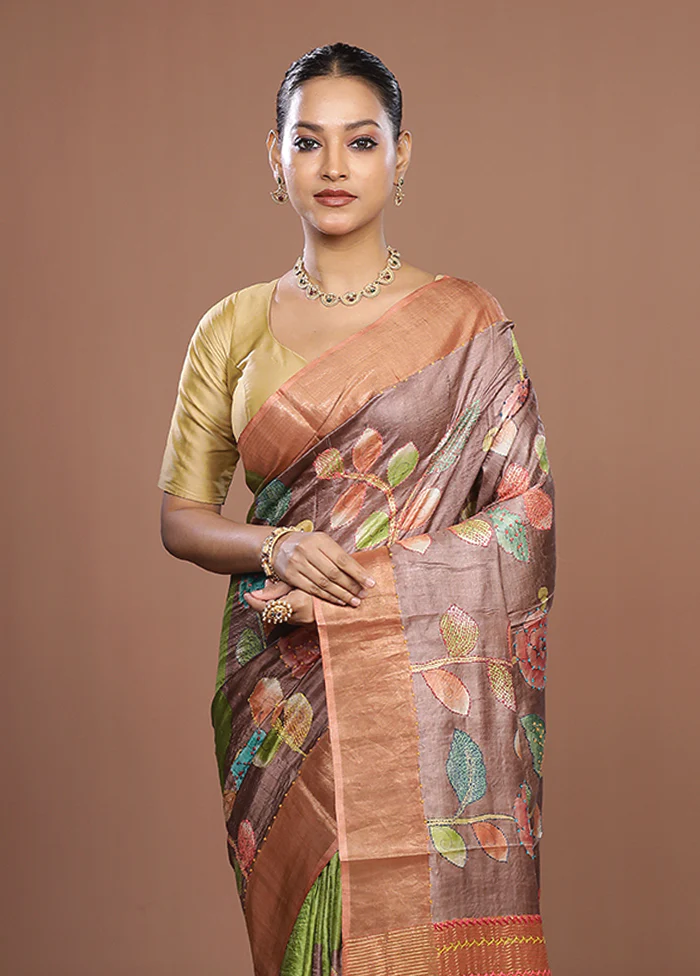 Brown Handloom Tussar Pure Silk Saree With Blouse Piece