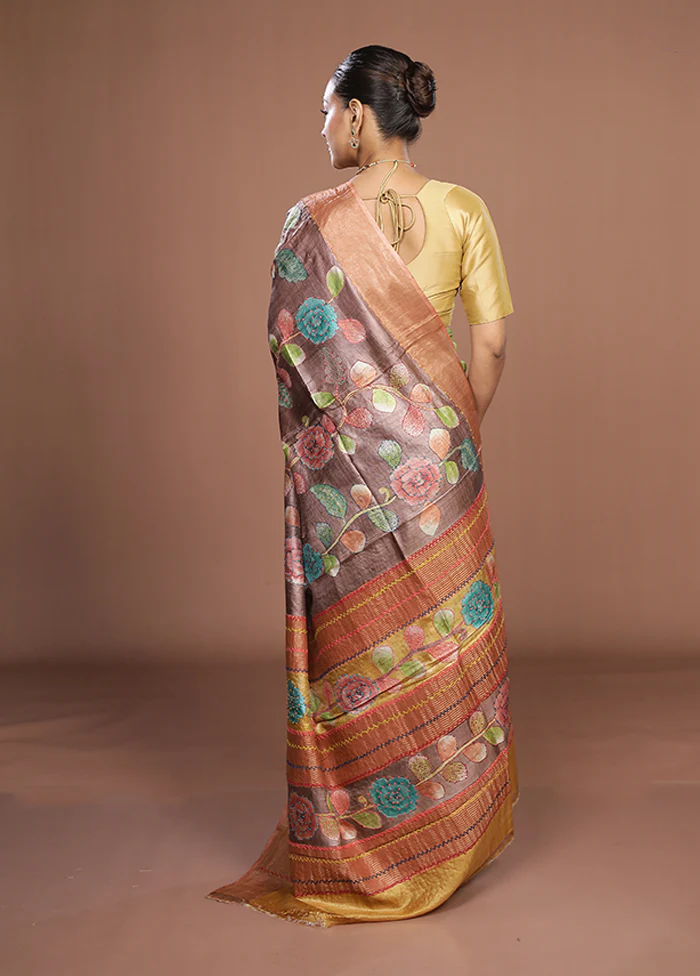Brown Handloom Tussar Pure Silk Saree With Blouse Piece - Image 3