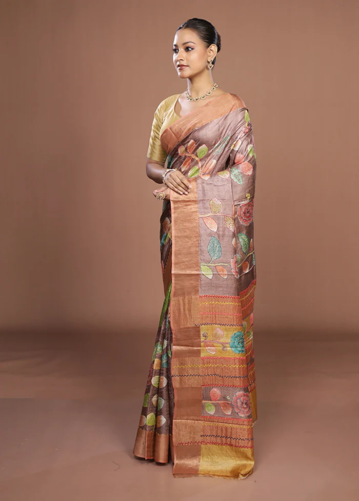 Brown Handloom Tussar Pure Silk Saree With Blouse Piece - Image 4