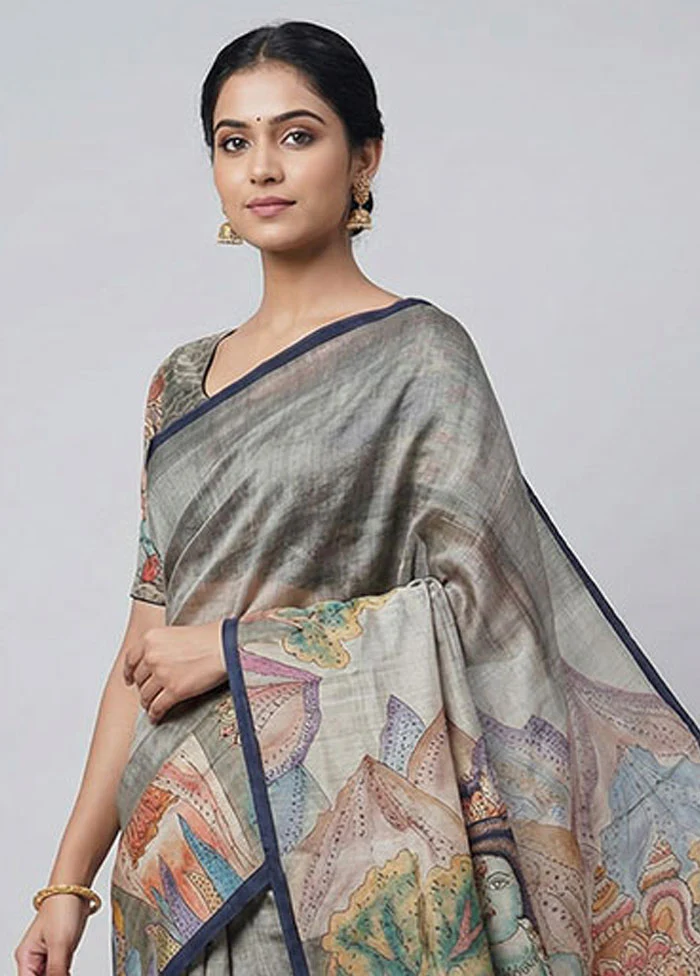 Cream Handloom Tussar Pure Silk Saree With Blouse Piece - Image 2
