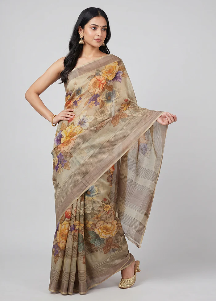 Cream Handloom Tussar Pure Silk Saree With Blouse Piece