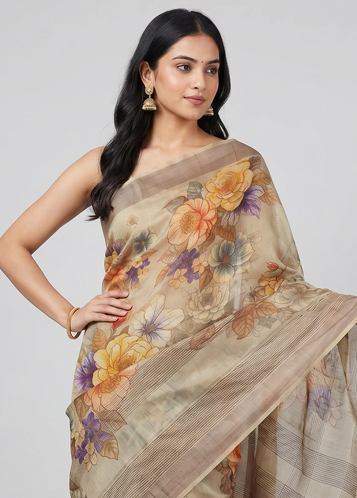 Cream Handloom Tussar Pure Silk Saree With Blouse Piece - Image 2