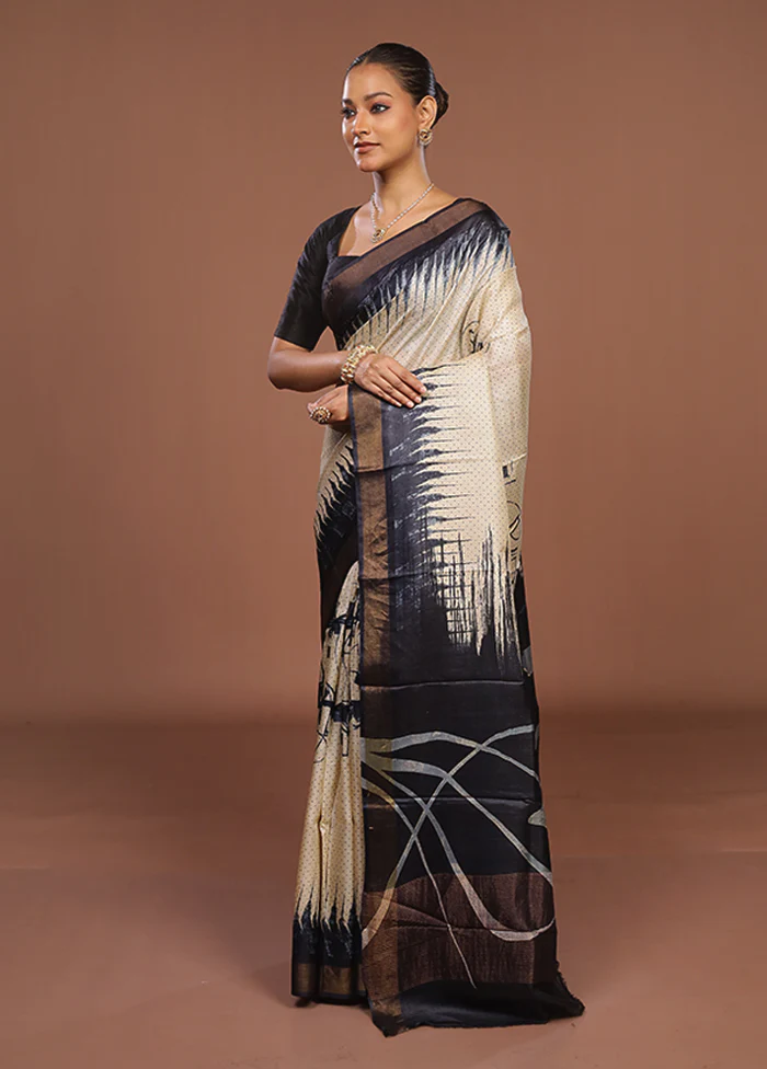 Cream Handloom Tussar Pure Silk Saree With Blouse Piece - Image 4