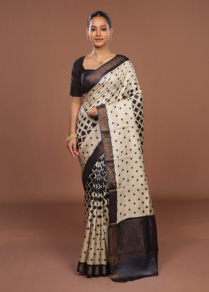 Cream Handloom Tussar Pure Silk Saree With Blouse Piece - Image 2