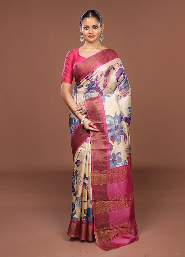 Cream Handloom Tussar Pure Silk Saree With Blouse Piece - Image 2