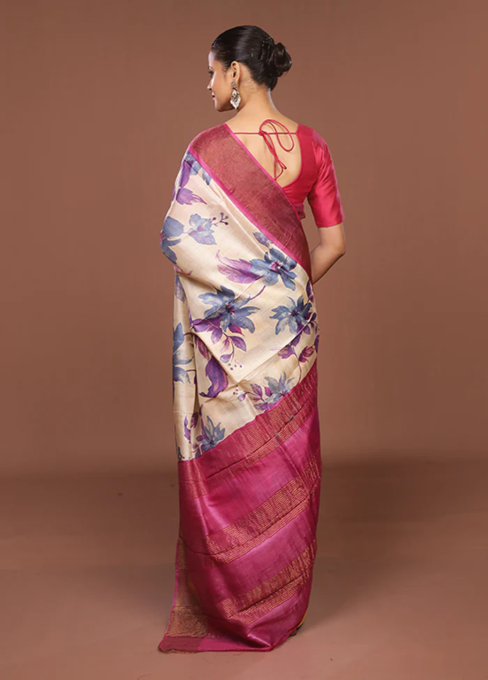 Cream Handloom Tussar Pure Silk Saree With Blouse Piece - Image 3