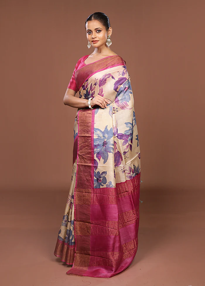 Cream Handloom Tussar Pure Silk Saree With Blouse Piece - Image 4