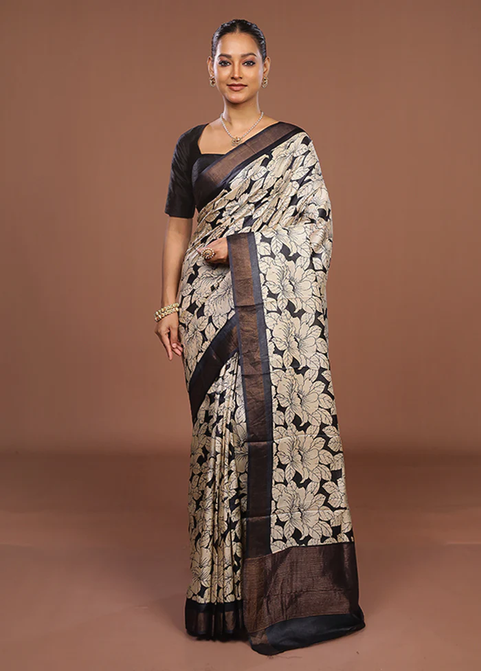 Cream Handloom Tussar Pure Silk Saree With Blouse Piece - Image 2
