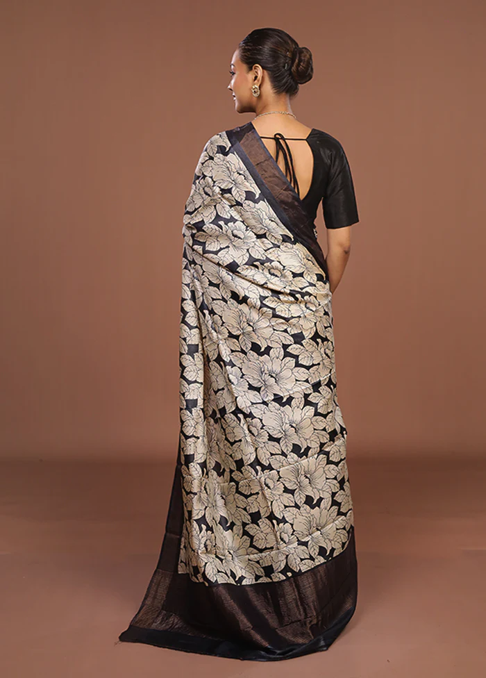 Cream Handloom Tussar Pure Silk Saree With Blouse Piece - Image 3