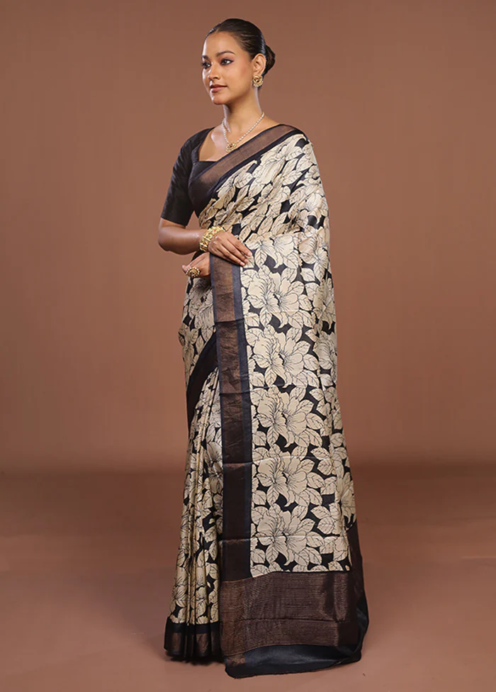 Cream Handloom Tussar Pure Silk Saree With Blouse Piece - Image 4