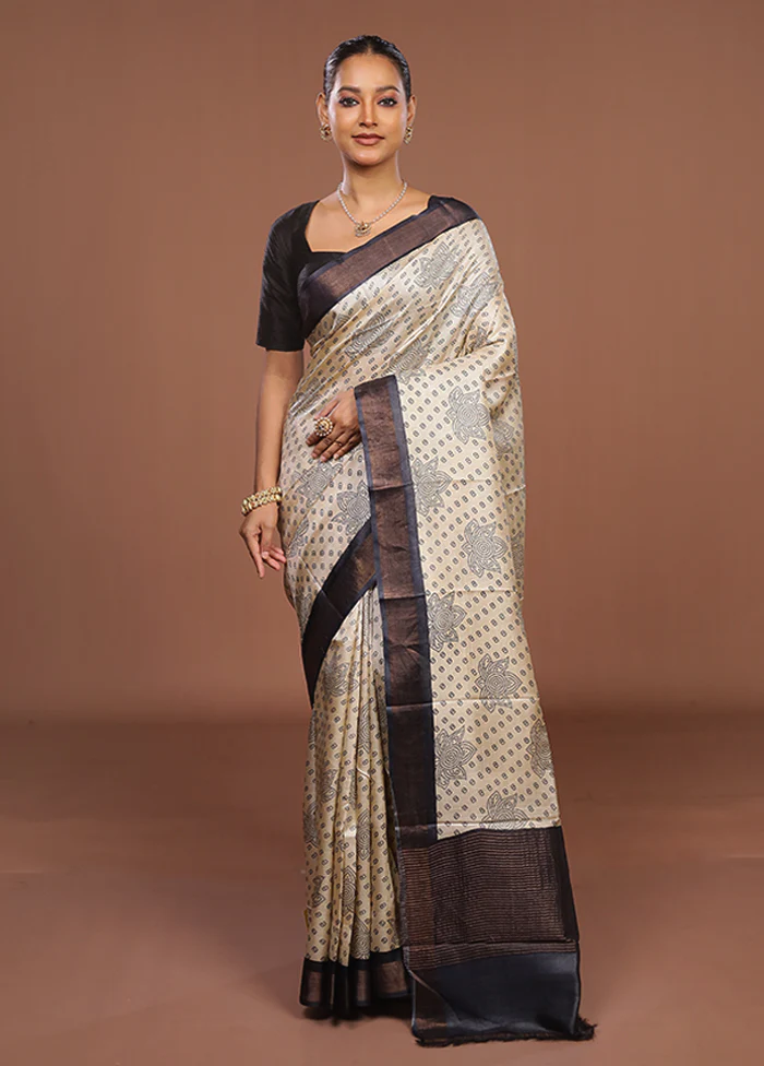 Cream Handloom Tussar Pure Silk Saree With Blouse Piece - Image 2