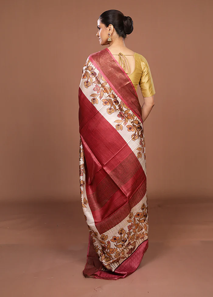 Cream Handloom Tussar Pure Silk Saree With Blouse Piece - Image 3