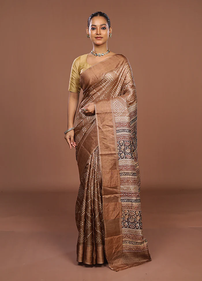 Cream Handloom Tussar Pure Silk Saree With Blouse Piece - Image 2