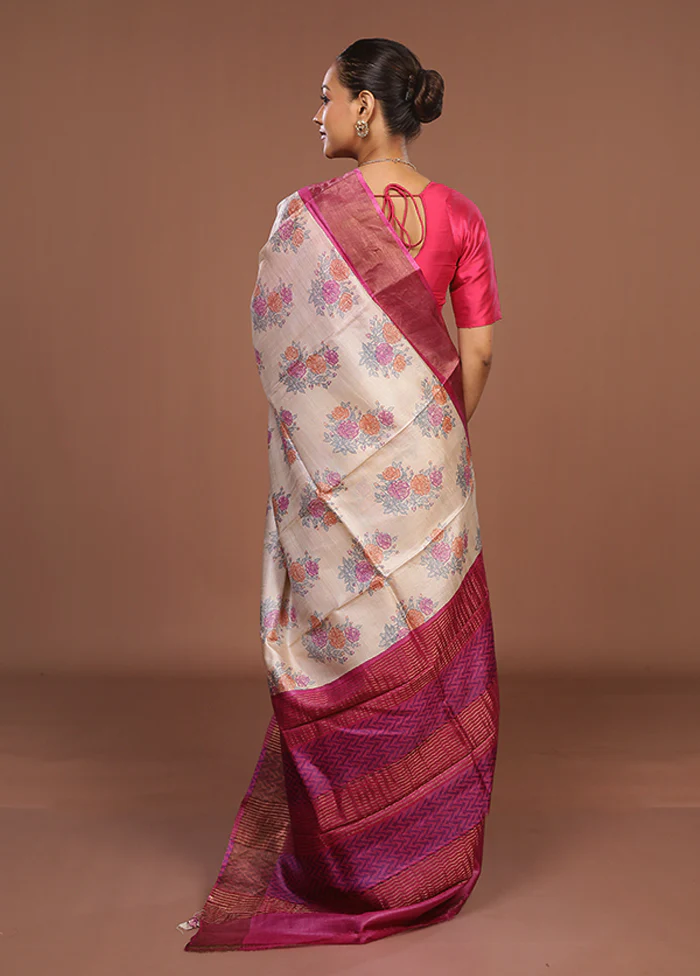 Cream Handloom Tussar Pure Silk Saree With Blouse Piece - Image 3